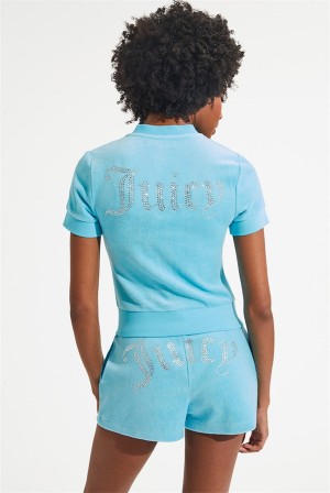 Juicy Couture Corta Sleeve Big Bling Coton Velour Zip-up Bleu | JC-SN651521